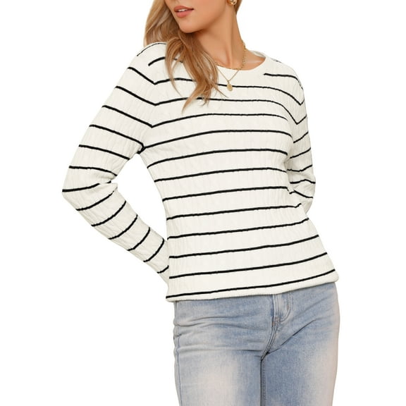 Striped Sweater Tops for Women's Cable Knit Round Neck Fall Winter Pullover Sweaters Trendy XS White