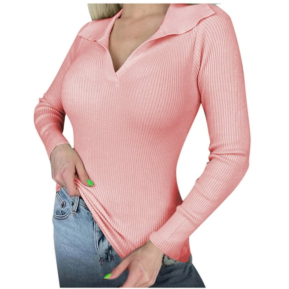 Casual Sweaters for Women Collared V Neck Pullover Tops Solid Basic Long Sleeve Knit Shirts Jumpers