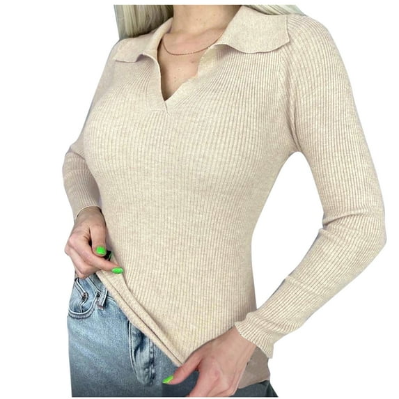 Casual Sweaters for Women Collared V Neck Pullover Tops Solid Basic Long Sleeve Knit Shirts Jumpers