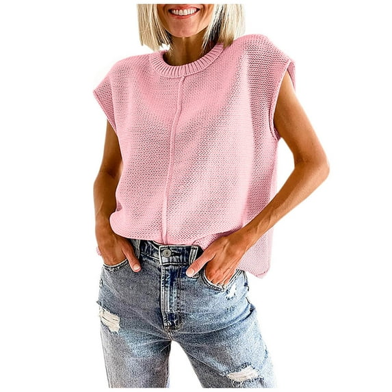 Casual Sweaters for Womens Cap Sleeve Crewneck Knitted Tops Solid Color Casual Loose Pullover Shirts Summer Fall Knits