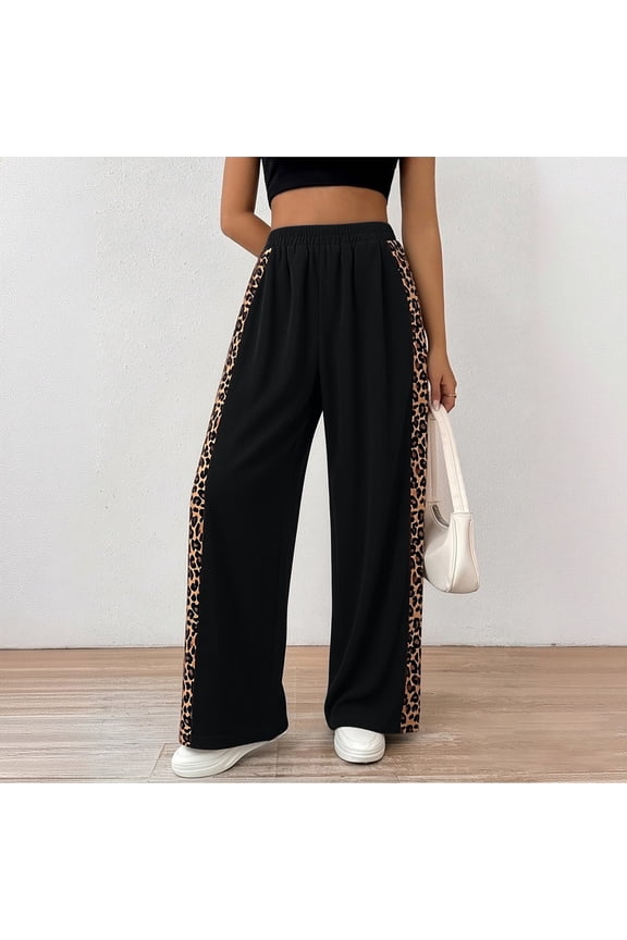 Casual Sweatpants for Women Leopard Print Block Side, Striped Wide Leg Leopard Print Track Pants Women's Corduroy Casual Pants with Pockets, Y2K Elastic Waist Trousers(Black,M)