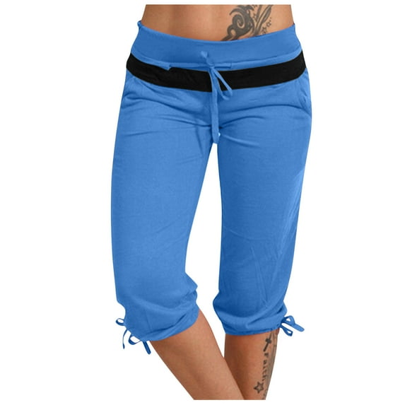 Casual Sweatpants for Women Outdoor Tie Waist Color Block Capris Pants with Pocket Joggers Lounge Workout Trousers, Blue, L