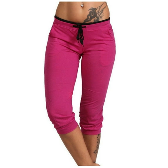 Casual Sweatpants for Women Outdoor Tie Waist Color Block Capris Pants with Pocket Joggers Lounge Workout Trousers, Hot Pink, XXXL