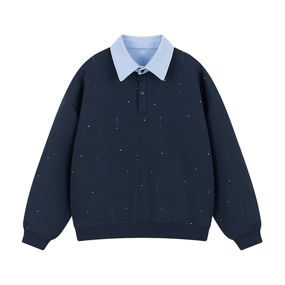 Casual Sweatshirts for Men Fall Trendy Plain Pullover Tops Loose Crewneck Sweatshirt Tops Long Sleeve Mens Clothes (XL, Navy|Collared)