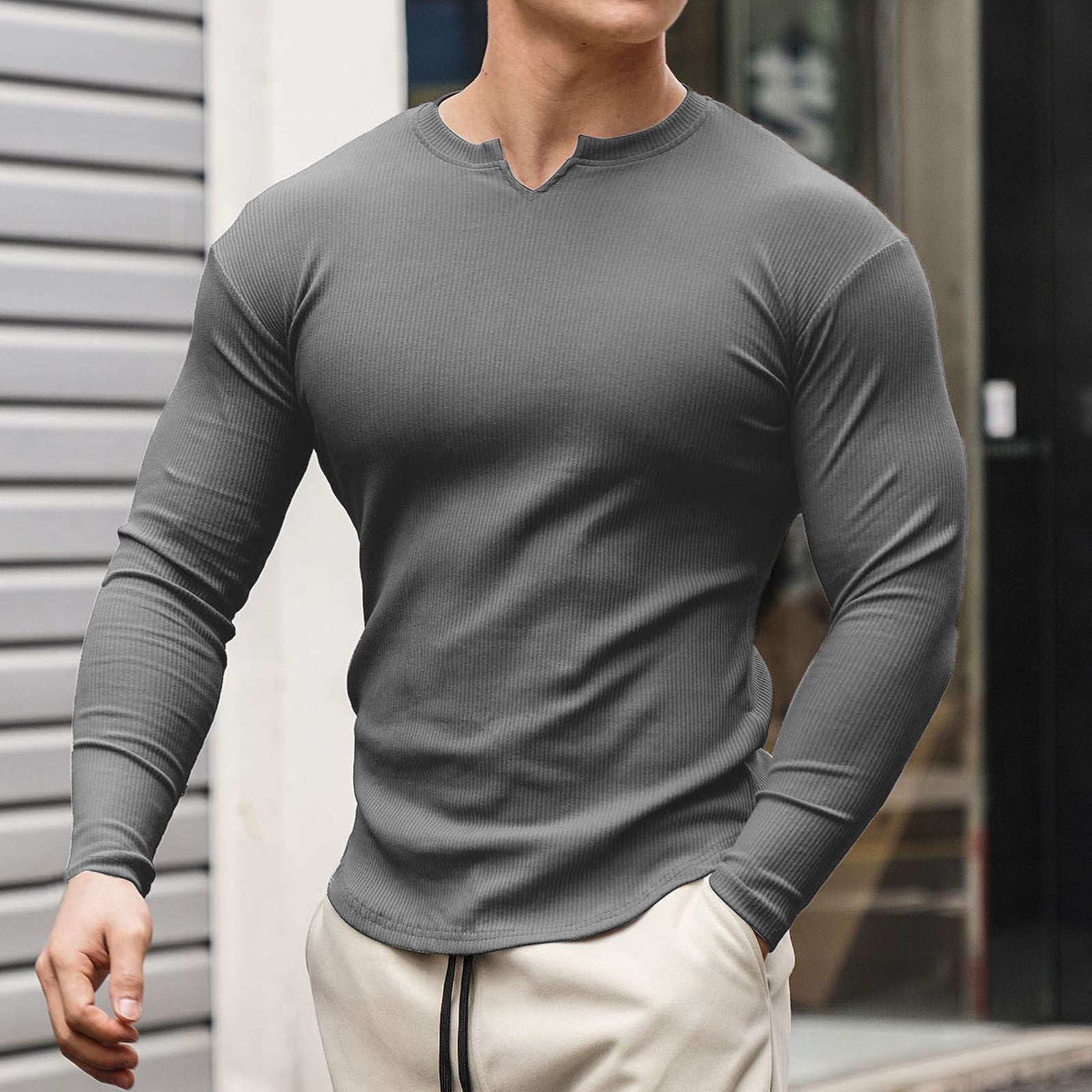 Casual T Shirts For Men Leisure Sports Fitness Tops Long Sleeves Pullover  Men‘s Solid Color Blouse Outdoor Activewear