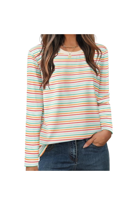 Casual T-Shirts Womens Long Sleeve Striped Tops Crew Neck Loose Fit Fall Spring Pullover Tee Tshirts (M, Beige)