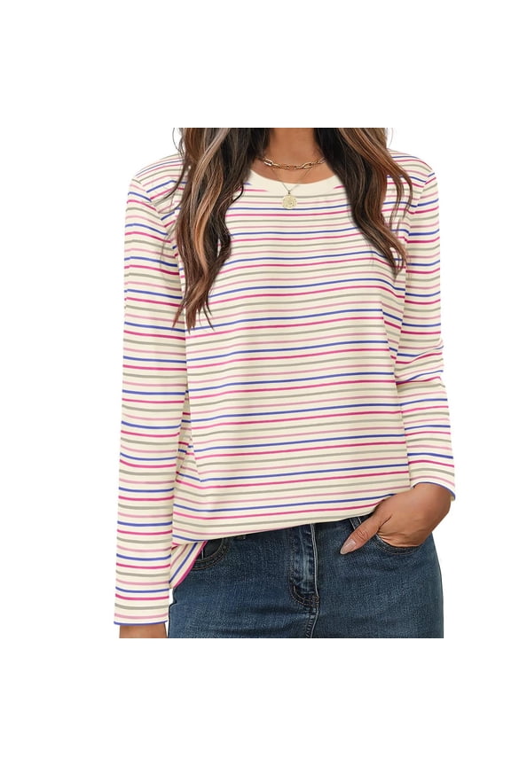Casual T-Shirts Womens Long Sleeve Striped Tops Crew Neck Loose Fit Fall Spring Pullover Tee Tshirts (S, Pink)