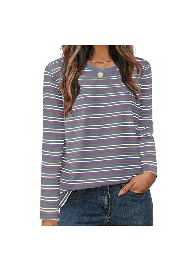 Casual T-Shirts Womens Long Sleeve Striped Tops Crew Neck Loose Fit Fall Spring Pullover Tee Tshirts (XL, Gray)
