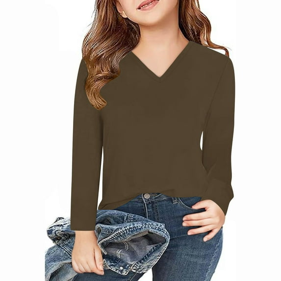 Casual T Shirts for Girls & Boys Size 3-14 Long Sleeve V Neck Tops Teens Basic Pullover Solid Color Comfort Loungewear Going Out Tees Top