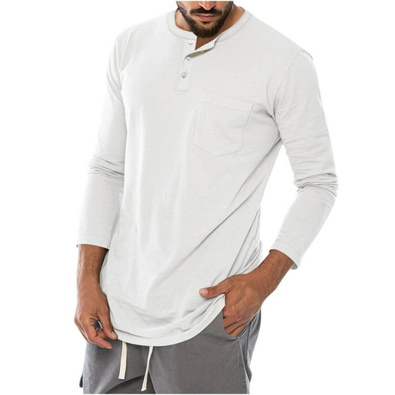 Casual T Shirts for Men with Pocket Long Sleeve Button Crewneck T-Shirts Mens Basic Solid Pullover Slim-Fit Loungewear Athletic Workout Tees Tops