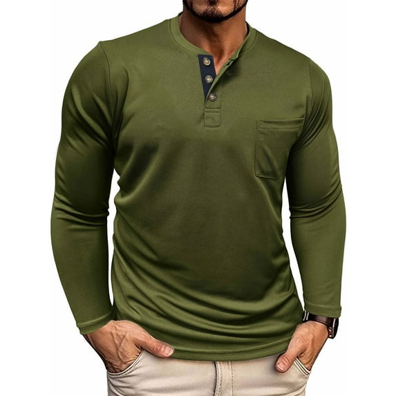 Casual T Shirts for Men with Pocket Long Sleeve Button Crewneck Tees Tops Mens Pullover Solid Color Breathable Basic Going-Out Work Tshirts Shirt