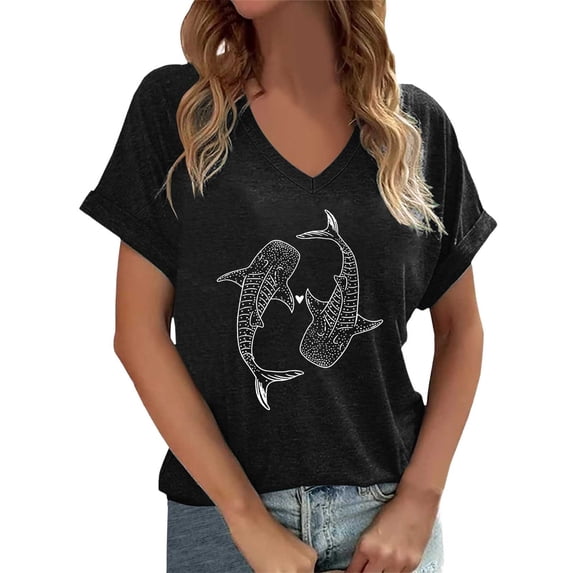 Casual T Shirts for Women Fish Print V Neck Short Sleeve With Graphic Spring Summer Outfits Baggy Womens Tops