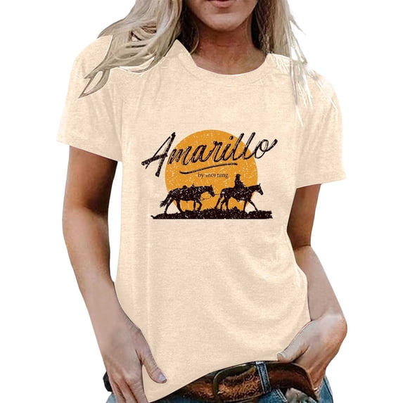 Casual T Shirts for Women Horse Letter Print Short Sleeve Crew Neck Graphic Tunic Tops