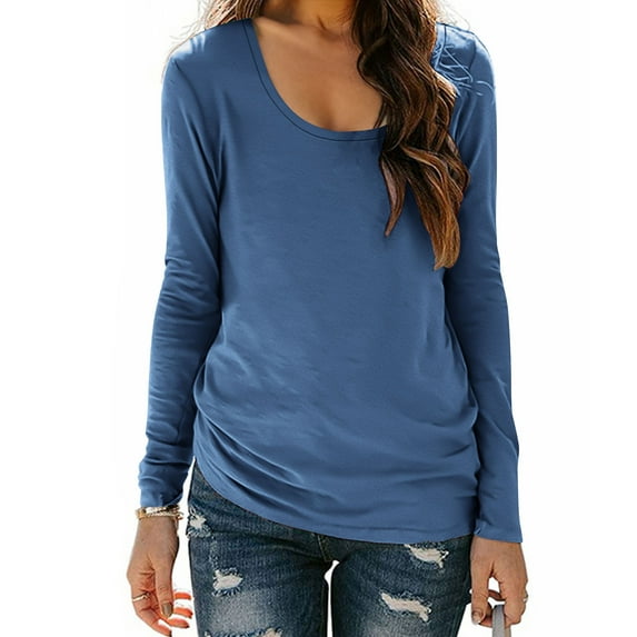 Casual T-Shirts for Women Long Sleeve Scoop Neck Tunic Tops Solid Color Pullover Tee Shirts Spring Fall Clothes (S, Blue)