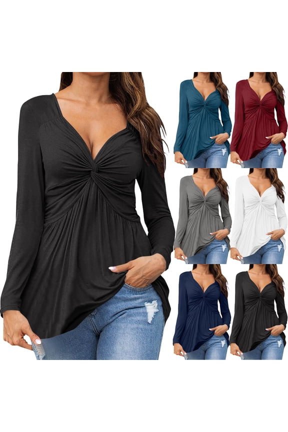 Casual T Shirts for Women Long Sleeve V Neck Tee Breathable Loose Side Split Tunic Top Black XXL