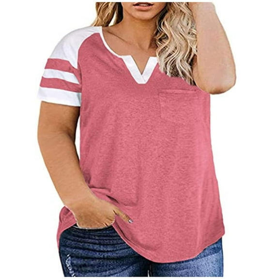 Casual T Shirts for Women Plus Size V Neck Color Blocked Short Sleeved Loose Shirt Tops Summer Fashion Tees