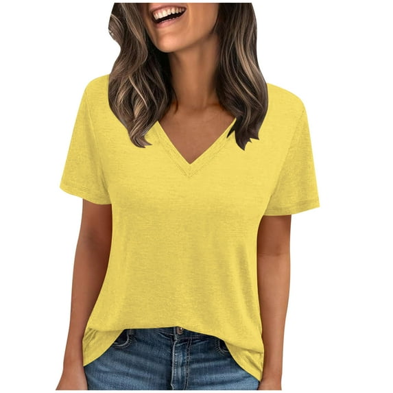 Casual T Shirts for Women Short Sleeve Solid Color V Neck Summer Tunic Tops Summer Base Tee Tshirts (XL, Yellow)