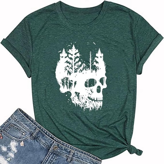 Casual T Shirts for Women Skull Print Fashion Short Sleeve Crew Neck Loose Fit Women Tops