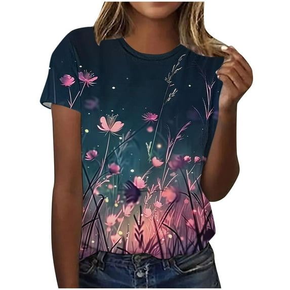 Casual T-Shirts for Womens Plus Size Fashion Summer Floral Print Shirts Loose Pullover Short Sleeve Blouses Summer Clothing Top