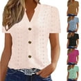 thumbnail image 1 of Casual T-shirts for Women Lightweight Women's V-neck Twisted Button Solid Color Casual Loose Button Short Sleeved Top Summer Outfit Holidays Party Club, 1 of 5