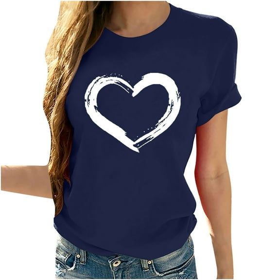 Casual T-shirts for Women Summer Short Sleeve O-neck Love Heart Print Tops Valentines/Mothers Day Tee Shirt