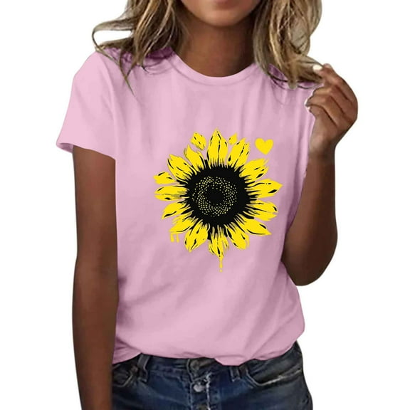 Casual T-shirts for Women Sunflower Print Crew Neck Short Sleeve Tops Soft Base Pullover Graphic Tees (3XL, Pink 02)
