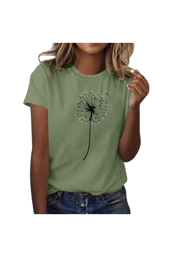 Casual T-shirts for Women Sunflower Print Crew Neck Short Sleeve Tops Soft Base Pullover Graphic Tees (M, Army Green 02)