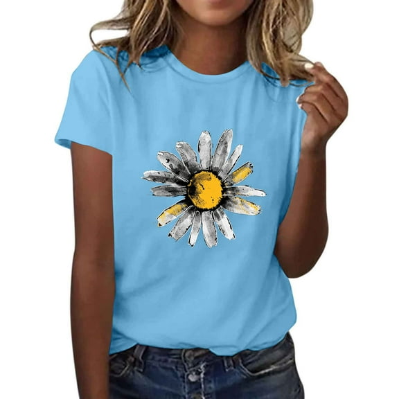 Casual T-shirts for Women Sunflower Print Crew Neck Short Sleeve Tops Soft Base Pullover Graphic Tees (M, Sky Blue 01)