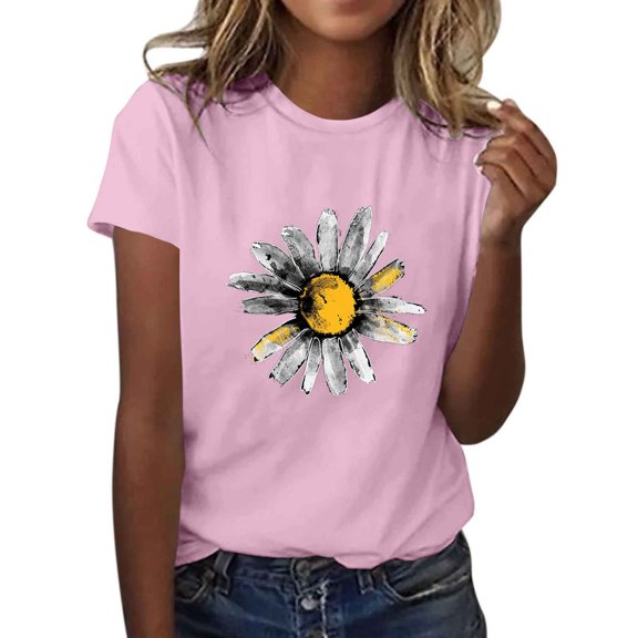 Casual T-shirts for Women Sunflower Print Crew Neck Short Sleeve Tops Soft Base Pullover Graphic Tees (XL, Pink 01)