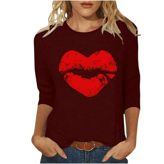 Casual TShirts for Women Crew Neck Cute 3/4 Sleeve Funny Graphic Tee Shirt Red Lip Print Fashion Casual Clothes Tops