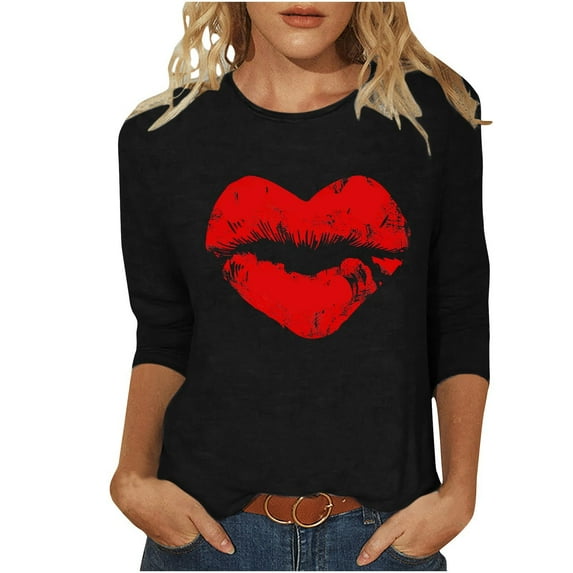 Casual TShirts for Women Crew Neck Cute 3/4 Sleeve Funny Graphic Tee Shirt Red Lip Print Fashion Casual Clothes Tops