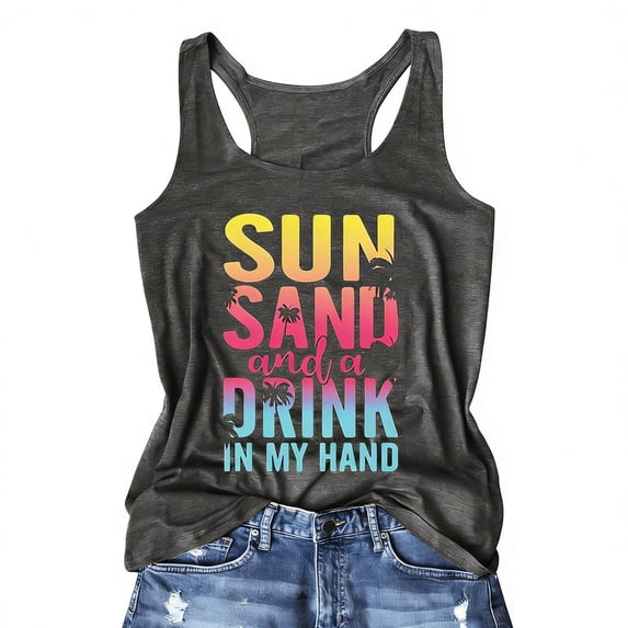 Casual Tank Top for Women with Letter Graphic Print Sleeveless Summer Comfort and Style Crew Neck Grey L
