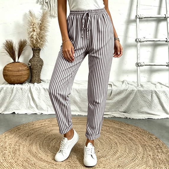 Casual Tapered Trousers for Women Vertical Stripes Elastic Drawstring High Rise Relaxed Fit Everyday Pants with Pockets