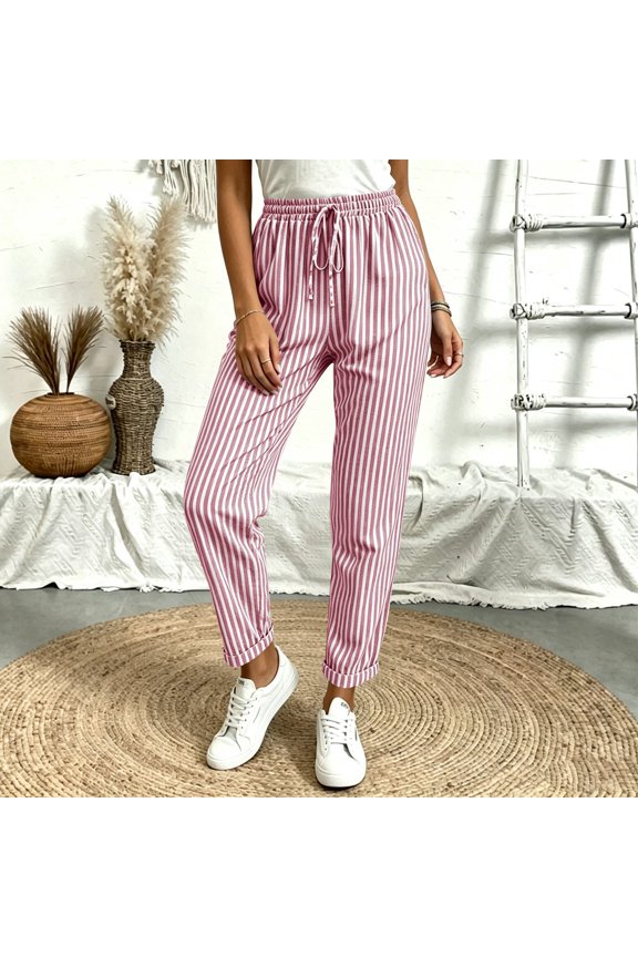 Casual Tapered Trousers for Women Vertical Stripes Elastic Drawstring High Rise Relaxed Fit Everyday Pants with Pockets