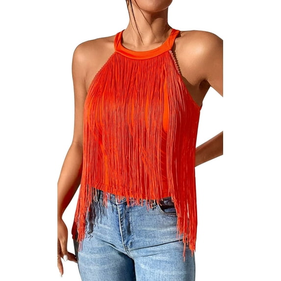 Casual Tassel Halter Tops for Teen Girls Women Sleeveless Fringe Asymmetrial Hem Tank Tops Y2K Round Neck Music Festival Country Shirts Blouse