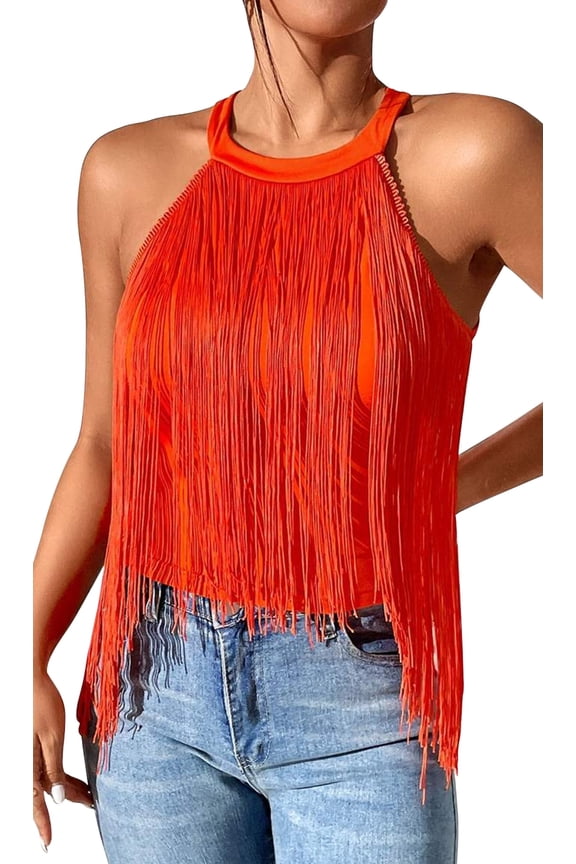 Casual Tassel Halter Tops for Teen Girls Women Sleeveless Fringe Asymmetrial Hem Tank Tops Y2K Round Neck Music Festival Country Shirts Blouse