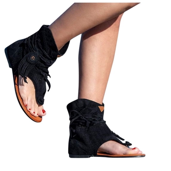 Casual Tassel Sandals for Women, Retro Bohemian Gladiator Fringe Sandals Flat Clip-Toe Flip-Flops Beach Ankle Boots Sandals Shoes T-Strap Roman Open-Toe Sandals