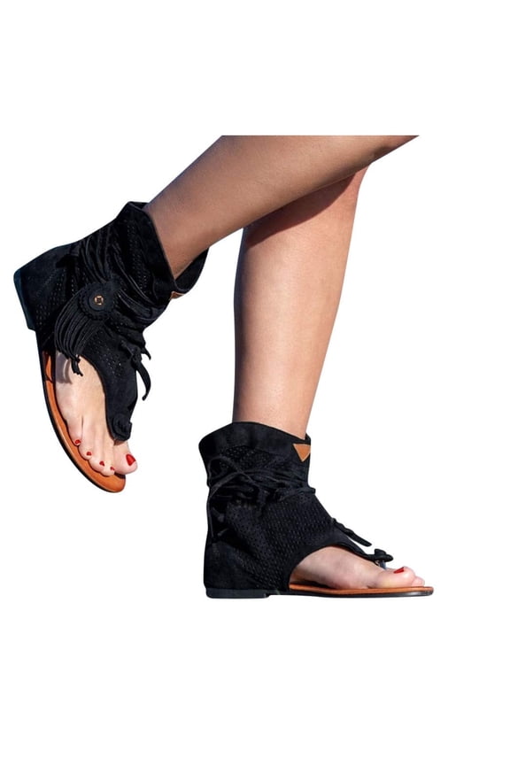 Casual Tassel Sandals for Women, Retro Bohemian Gladiator Fringe Sandals Flat Clip-Toe Flip-Flops Beach Ankle Boots Sandals Shoes T-Strap Roman Open-Toe Sandals