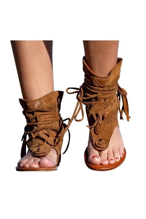 Casual Tassel Sandals for Women, Retro Bohemian Gladiator Fringe Sandals Flat Clip-Toe Flip-Flops Beach Ankle Boots Sandals Shoes T-Strap Roman Open-Toe Sandals