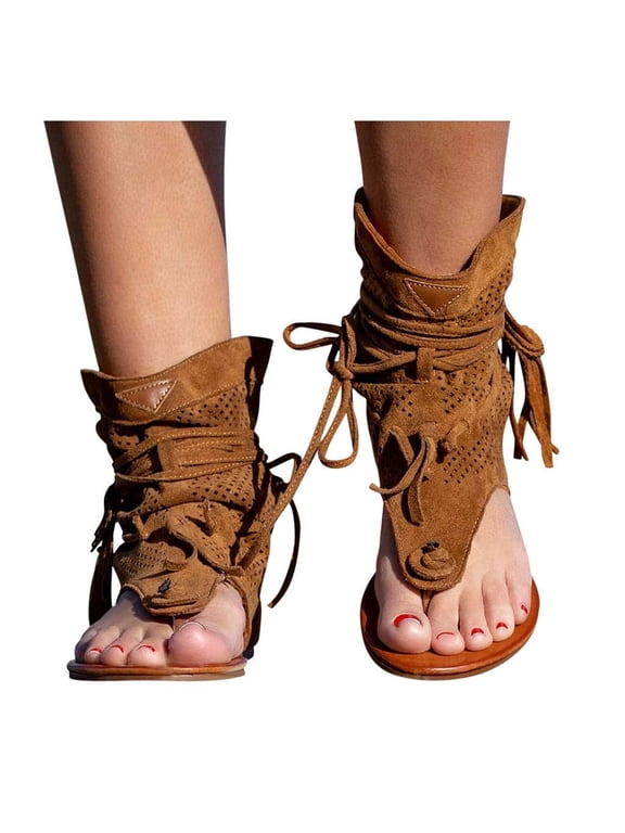 Casual Tassel Sandals for Women, Retro Bohemian Gladiator Fringe Sandals Flat Clip-Toe Flip-Flops Beach Ankle Boots Sandals Shoes T-Strap Roman Open-Toe Sandals