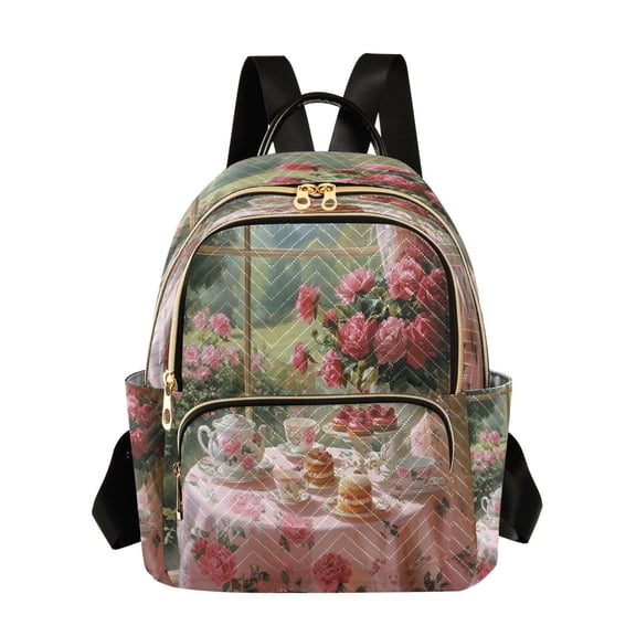Casual Tea Set with Roses Backpack for School,College and Travel, Water Resistant Bookbag,