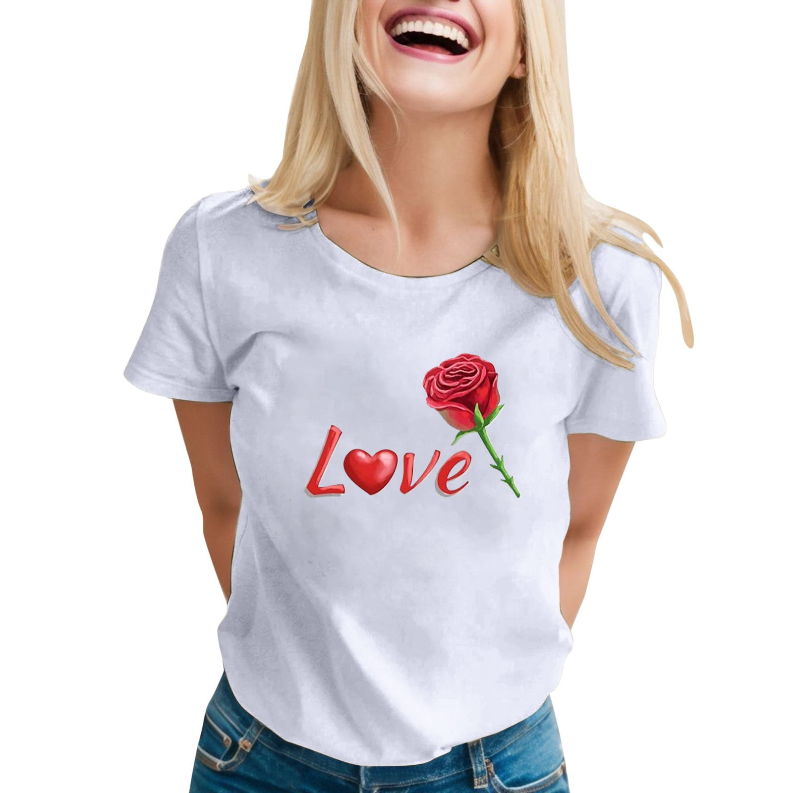 Casual Tees For Women 2024 Trendy Valentine'S Day Cute Round Neck Short