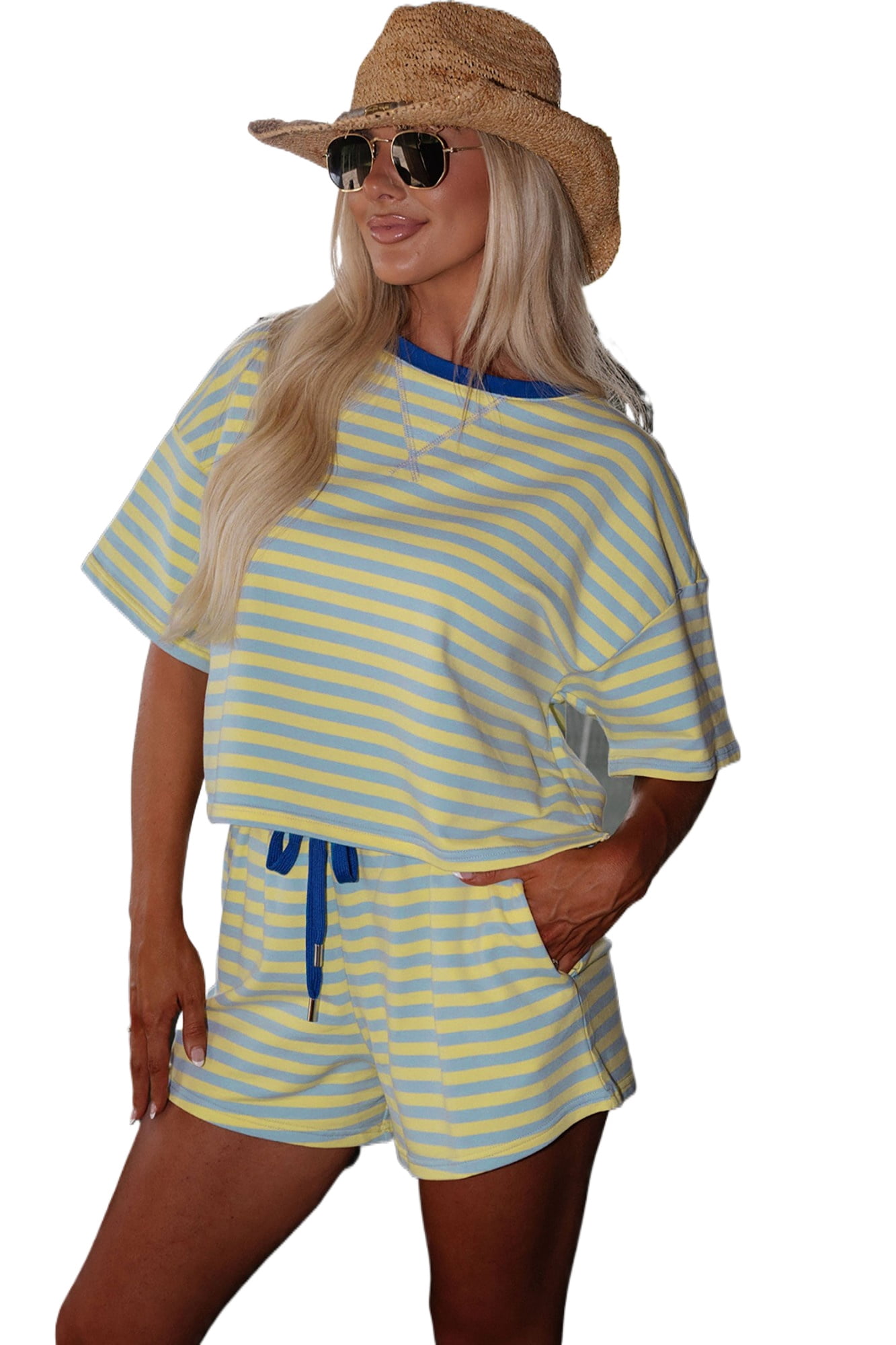 Yellow Ruffle Terry Short Set Casual Terry Short Set with Yellow Stripe Design – Perfect for Women’s ...