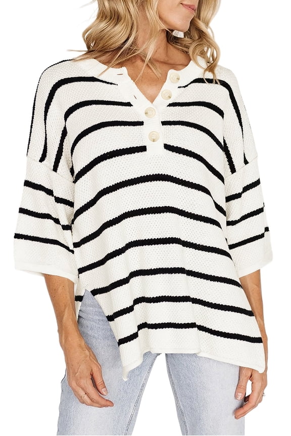 Casual Three-Quarter Sleeve Striped Sweater Tee for Everyday Wear | [ZhiHiMeRi] | (US 12-14)L