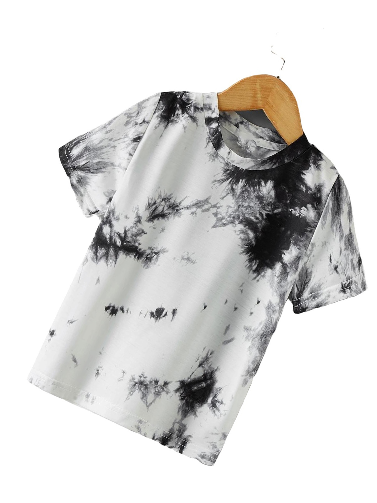 Casual Tie Dye Round Neck Short Sleeve Black and White Toddler Boy T