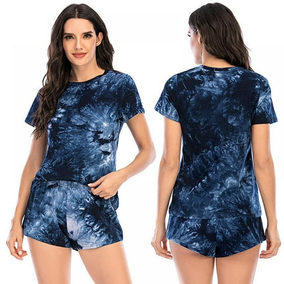 Casual Tie Dye Shorts Pyjamas Set Women Round Neck Short Sleeve Pajamas Sets Cozy Cotton Gradients Nightgown Suit Femme Elastic Sleeve Tops