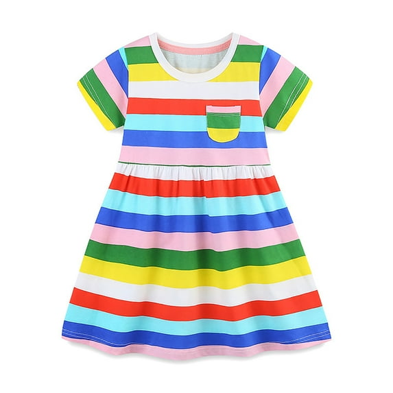 Casual Toddler Girl Summer Dress Short Sleeve Rainbow Stripe Prints Princess Dance Party Cute Dresses For Girls Multicolour Size 4-5 Years