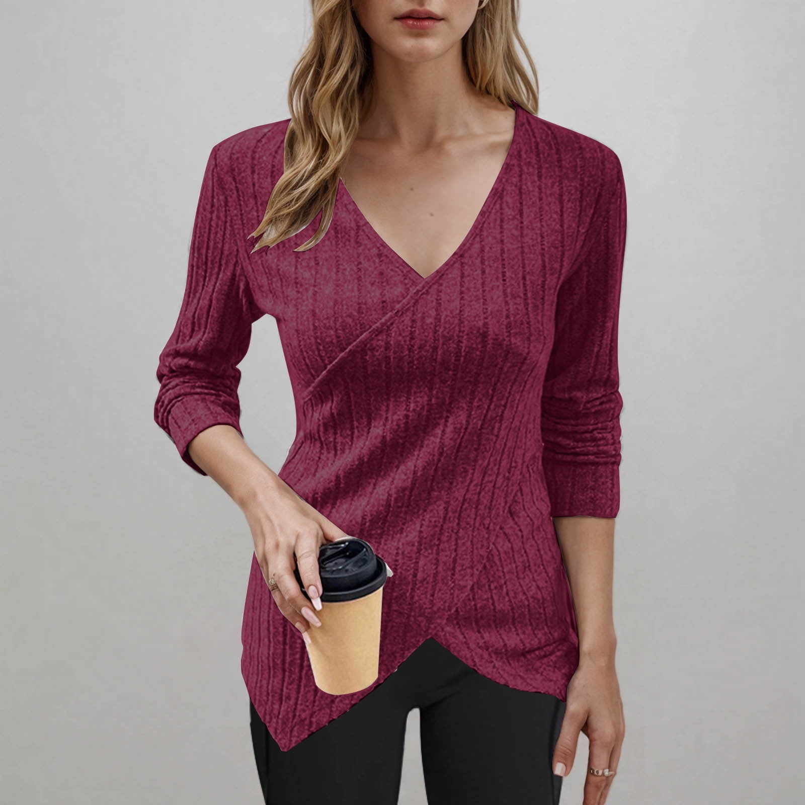 Casual Tops For Women 2025 Bdfzl Women'S Solid Color VNeck Long Sleeve