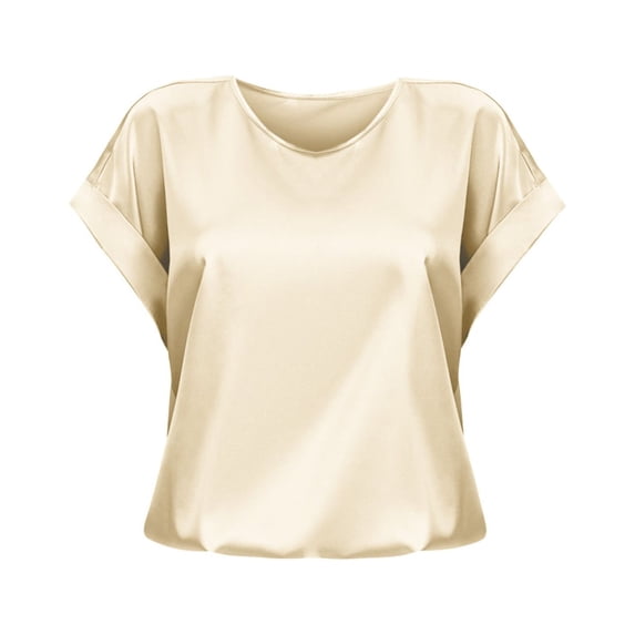 Casual Tops For Women Short Sleeve Satin Loose Round Neck Tshirt Tee Beige XXL