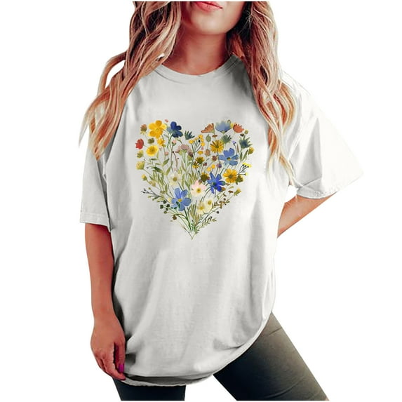 Casual Tops for Women Fashion Cute Flower Printing T Shirt Loose Crew Neck Short Sleeve Graphic Top Blouses Lightweight Comfy Leisure T-Shirts 2024 Ladies Summer Tops